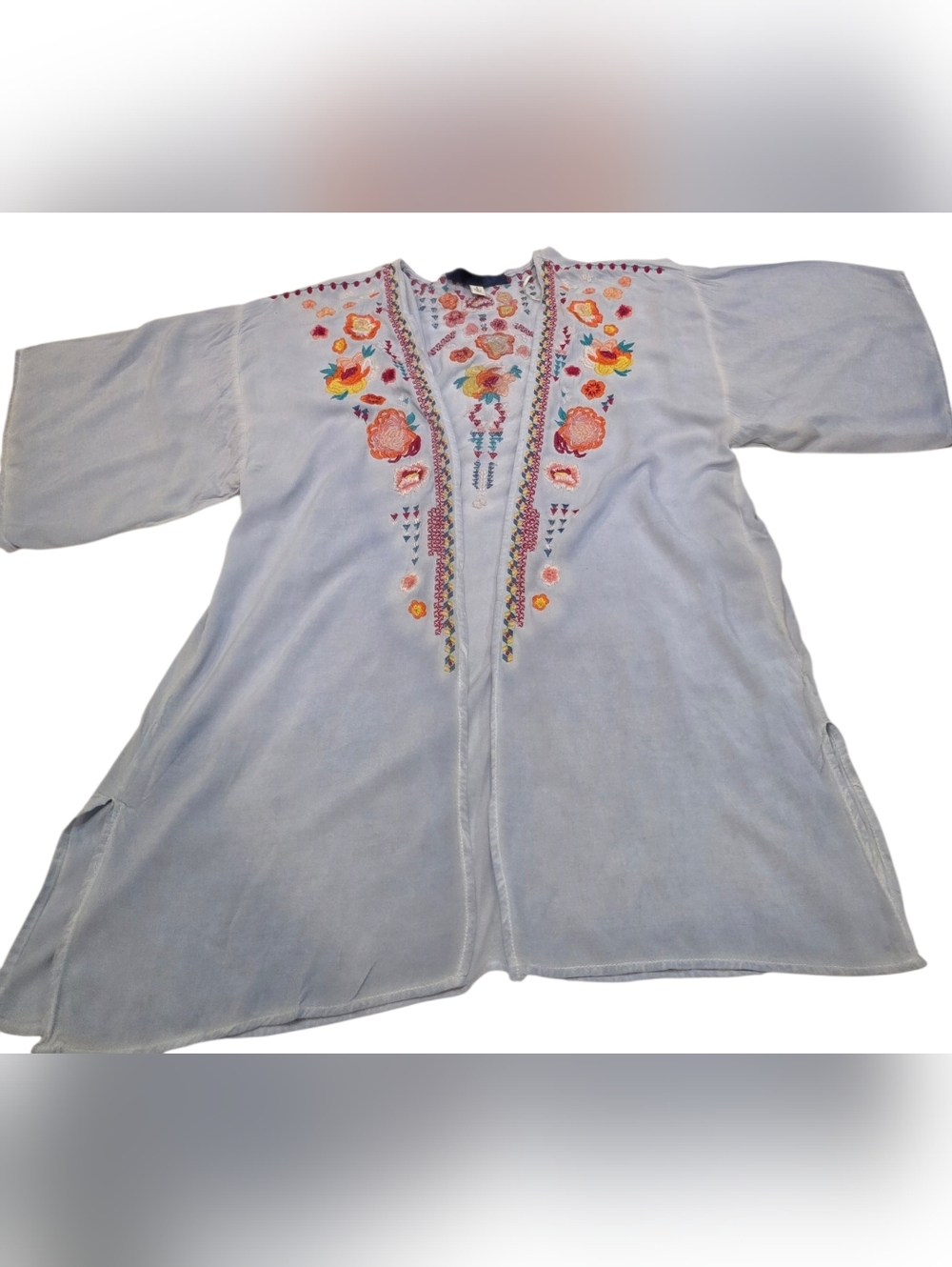 Blue Rain Light Blue Embroidered Open Kimono/Duster Size Small - Picture 1 of 11